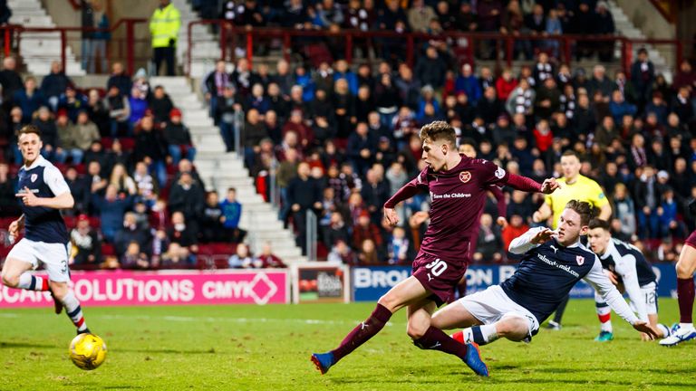 Hearts' Rory Currie scores his first goal to make it 1-1.