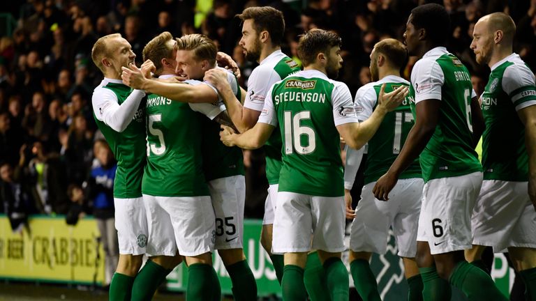 Hibs celebrate after Jason Cummings scored the opener