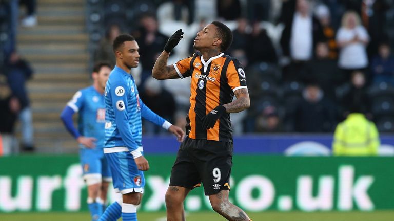 HULL, ENGLAND - JANUARY 14: Abel Hernandez of Hull City celebrates scoring his sides first goal during the Premier League match between Hull City and AFC B