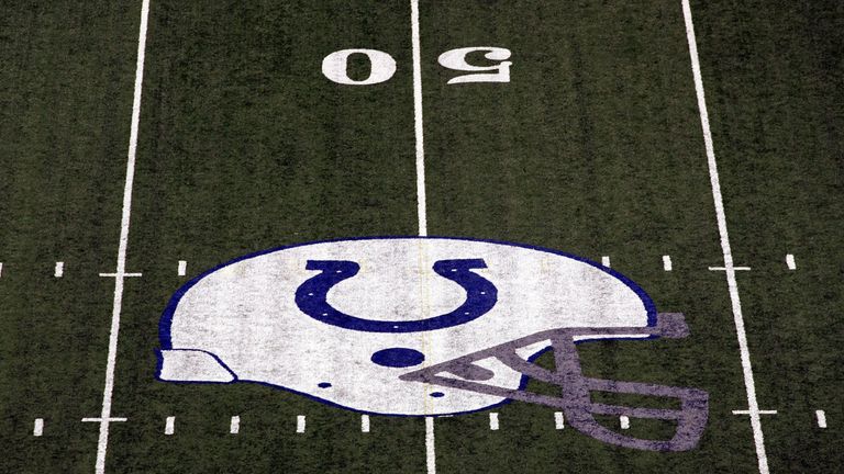 INDIANAPOLIS - SEPTEMBER 21:  The Indianapolis Colts logo at the 50-yard line on September 21, 2008 at Lucas Oil Stadium in Indianapolis, Indiana.  (Photo 