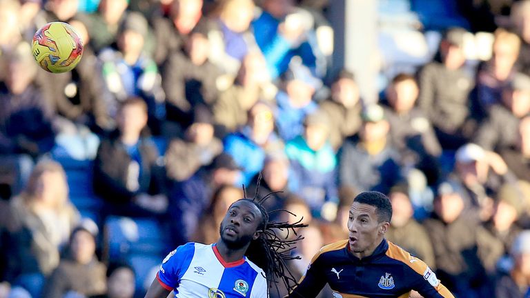 Blackburn Rovers' Marvin Emnes (Left) and Newcastle United's Isaac Hayden contest a header during the Sky Bet Championship match at Ewood Park, Blackburn.
