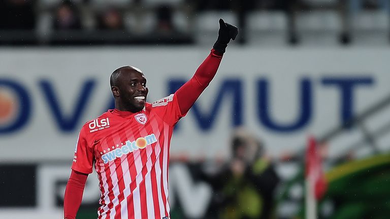 Nancy's Senegalese forward Issiar Dia celebrates after scoring during the French L1 football match between Nancy (ASNL) and Bastia (SCB) on January 14, 201