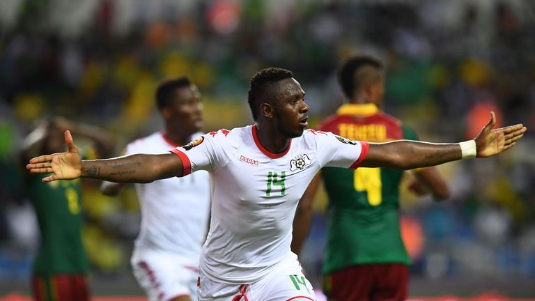Burkina Faso's defender Issoufou Dayo celebrates after scoring a goal during the 2017 Africa Cup of Nations group A football match between Burkina Faso and
