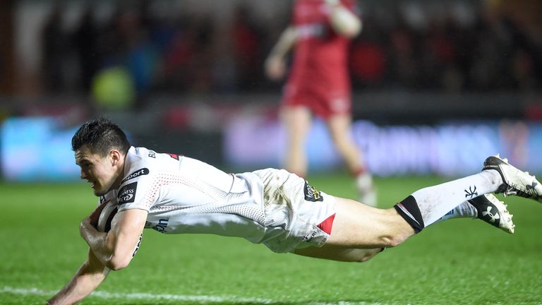 Guinness PRO12, Parc y Scarlets, Llanelli, Wales 6/1/2017.Scarlets vs Ulster.Ulster's Jacob Stockdale scores try.