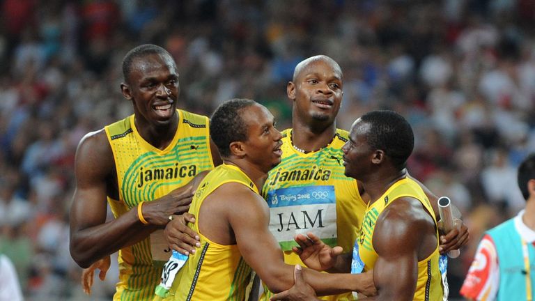 Jamaica quartet Usain Bolt, Michael Frater, Asafa Powell and Nesta Carter celebrate 