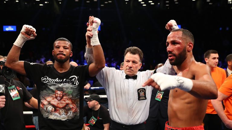 NEW YORK, NY - JANUARY 14:  Badou Jack and James DeGale react after their WBC/IBF Super Middleweight Unification bout resulted in a draw at the Barclays Ce