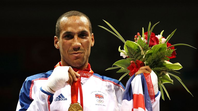 Gold medalist James DeGale of Great Britain poses during the medal ceremony for the Men's Middle (75kg) at Beijing Olympics 2008
