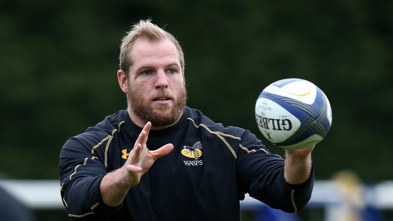 James Haskell catches the ball during the Wasps training session held at Twyford Avenue training ground on April 18, 2016