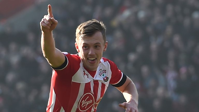 Southampton's English midfielder James Ward-Prowse celebrates after scoring the opening goal of the English Premier League football match between Southampt