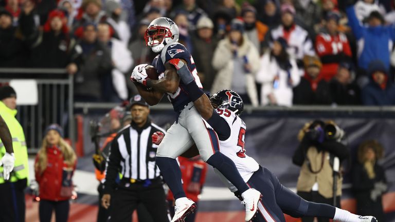 FOXBORO, MA - JANUARY 14:  James White #28 of the New England Patriots catches a pass for a touchdown in the third quarter against the Houston Texans durin