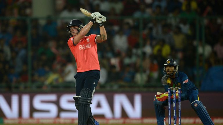 Jason Roy of England hits out for six runs during the ICC World Twenty20 India 2016 Group 1 match between England and Sri Lanka