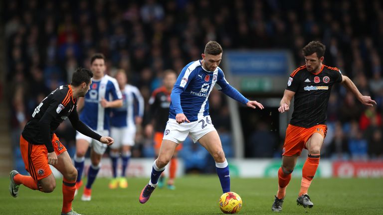 Sheffield United's Danny Lafferty (left) and Jake Wright (right) and Chesterfield's Jay O'Shea