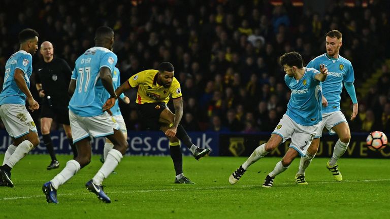 WATFORD, ENGLAND - JANUARY 07: Jerome Sinclair of Watford scores his sides second goal during The Emirates FA Cup Third Round match between Watford and Bur