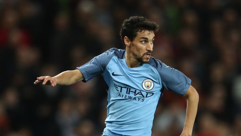 MANCHESTER, ENGLAND - OCTOBER 26:  Jesus Navas of Manchester City runs with the ball during the EFL Cup Fourth Round match between Manchester United and Ma