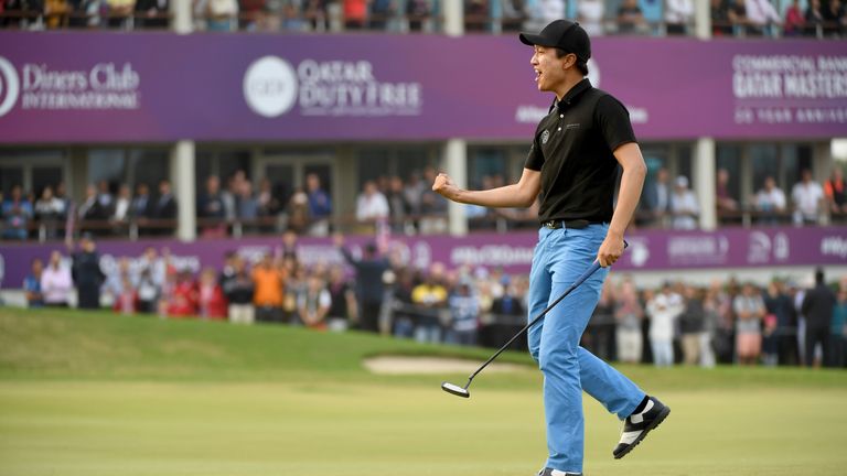 DOHA, QATAR - JANUARY 29:  Jeunghun Wang of Korea celebrates after his birdie in the first play off hole  during the final round of the Commercial Bank Qat