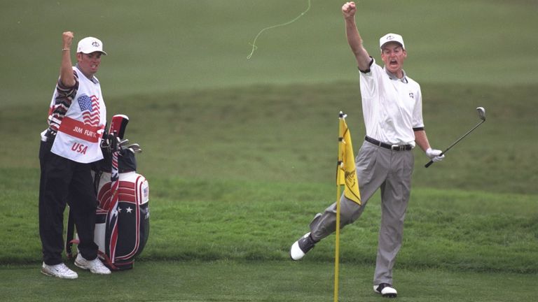 28 Sep 1997:  Jim Furyk of the USA punches the air after chipping in at the 16th hole during the final day singles of the Johnnie Walker Ryder Cup at the V