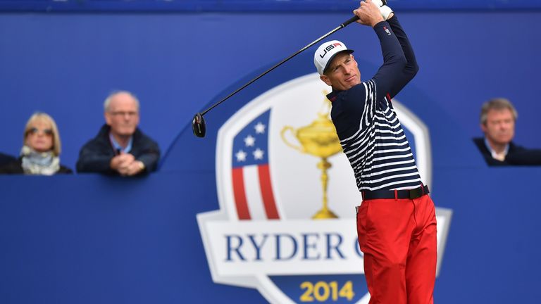 Jim Furyk of Team US tees off the first hole during the singles matches at Gleneagles in Scotland, on September 28, 2014, during the 2014 Ryder Cup competi