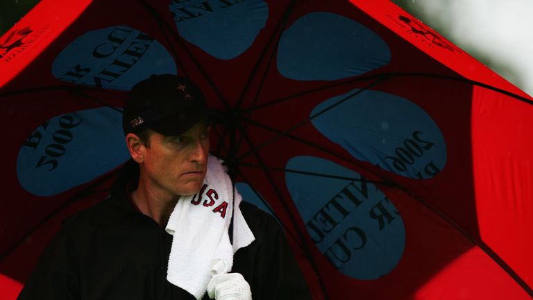 KILDARE, IRELAND - SEPTEMBER 24: Jim Furyk of USA waits on the 1st hole during his singles match against Paul Casey of Europe on the final day of the 2006 