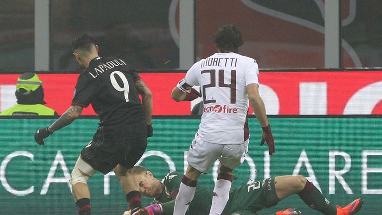 MILAN, ITALY - JANUARY 12:  Joe Hart (down) of Torino FC clashes with Gianluca Lapadula (L) of AC Milan during the TIM Cup match between AC Milan and AC To