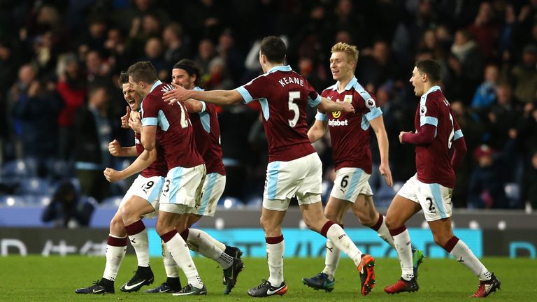 BURNLEY, ENGLAND - JANUARY 14: Joey Barton of Burnley (L) celebrates scoring his sides first goal during the Premier League match between Burnley and South