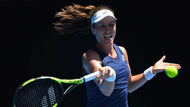 Britain's Johanna Konta hits a return against Serena Williams of the US during their women's singles quarter-final match on day ten of the Australian Open 
