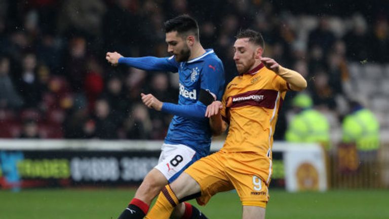 Motherwell's Louis Moult and Rangers' Jon Toral battle for the ball 