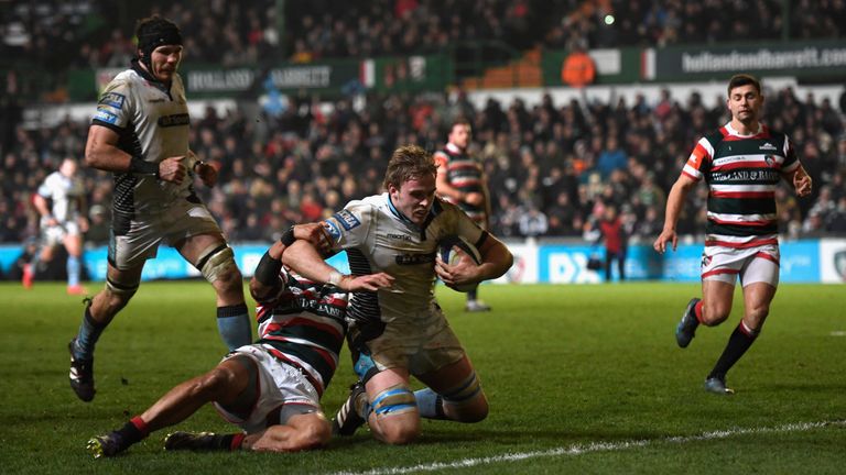 LEICESTER, ENGLAND - JANUARY 21 2017:  Jonny Gray goes over for A try during the European Rugby Champions Cup match between Leicester and Glasgow