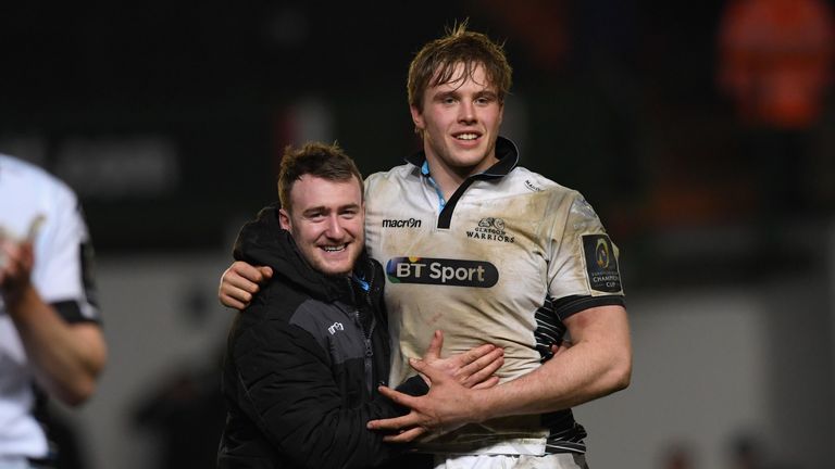 Jonny Gray (r) and Stuart Hogg celebrate after Glasgow's win over Leicester Tigers