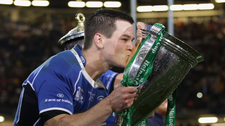 CARDIFF, WALES - MAY 21:  Jonny Sexton of Leinster kisses the trophy during the Heineken Cup Final match between Leinster and Northampton Saints at the Mil