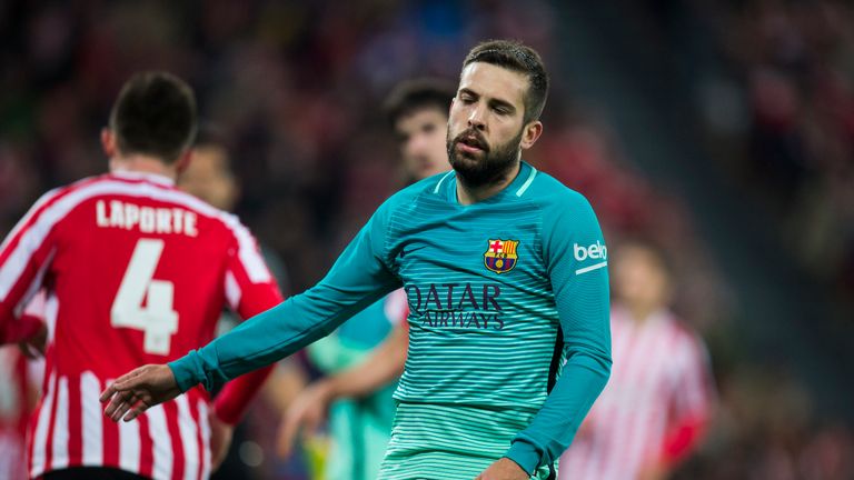 BILBAO, SPAIN - JANUARY 05: Jordi Alba of FC Barcelona reacts during the Copa del Rey Round of 16 first leg match between Athletic Club and FC Barcelona at