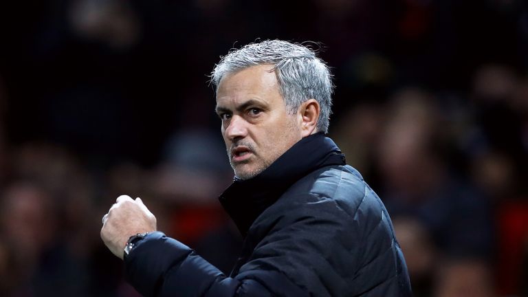 Jose Mourinho gestures to the crowd as he comes out for the second half during the EFL Cup Semi Final, First Leg 