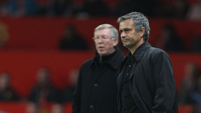 MANCHESTER, ENGLAND - MARCH 11:  Sir Alex Ferguson of Manchester United and Jose Mourinho of Inter Milan 