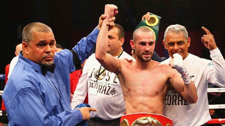 MASHANTUCKET, CT - APRIL 16:  Jose Pedraza celebrates after defeating Stephen Smith in their IBF World Junior Lightweight Championship bout at Foxwoods Res