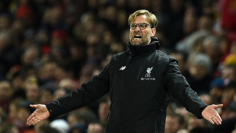 Jurgen Klopp reacts during the match between at Old Trafford