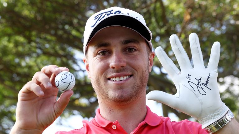 HONOLULU, HI - JANUARY 12:  Justin Thomas of the United States celebrates after scoring a 59 during the first round of the Sony Open In Hawaii at Waialae C