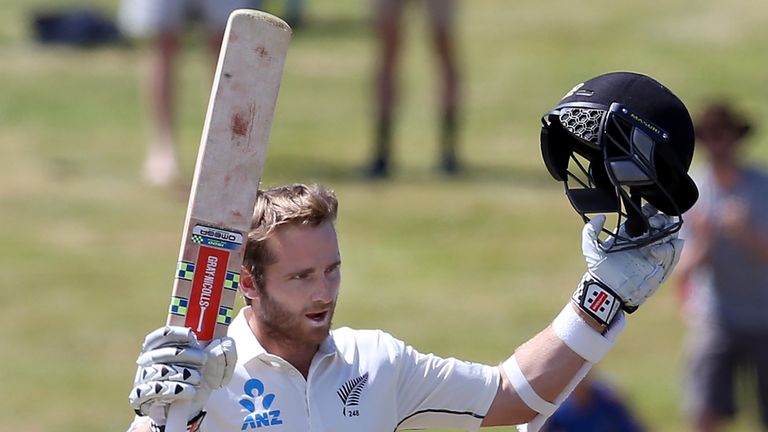 Kane Williamson celebrates his century during day four of the second Test between New Zealand and Sri Lanka at Seddon Park