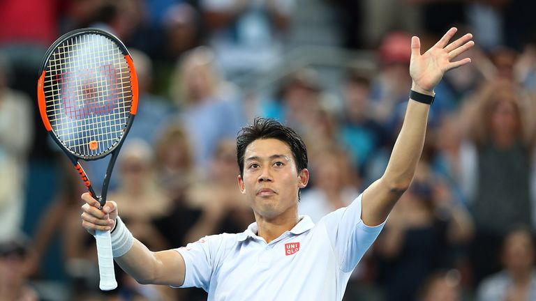 BRISBANE, AUSTRALIA - JANUARY 07:  Kei Nishikori of Japan celebrates winning his semi final match against Stan Wawrinka of Switzerland during day seven of 