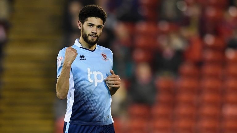 BARNSLEY, ENGLAND - JANUARY 17: Kevin Mellor of Blackpool celebrates scoing to make it 1-0 during the The Emirates FA Cup Third Round Replay between Barnsl