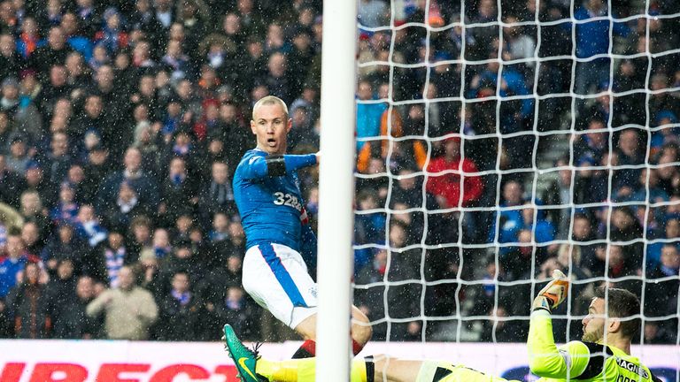 Rangers striker Kenny Miller watches his shot come back off the post against Celtic
