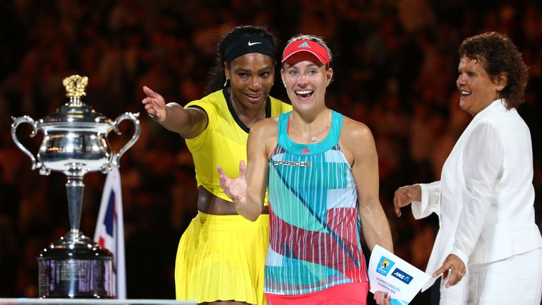 MELBOURNE, AUSTRALIA - JANUARY 30:  Angelique Kerber of Germany is presented with the Daphne Akhurst Trophy after winning the Women's Singles Final against