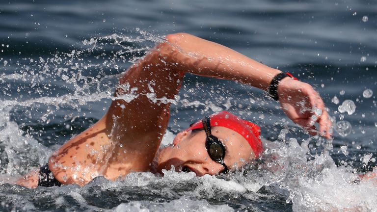 RIO DE JANEIRO, BRAZIL - AUGUST 15:  Keri-Anne Payne of Great Britain competes in the Women's 10km Marathon Swimming on day 10 of the Rio 2016 Olympic Game
