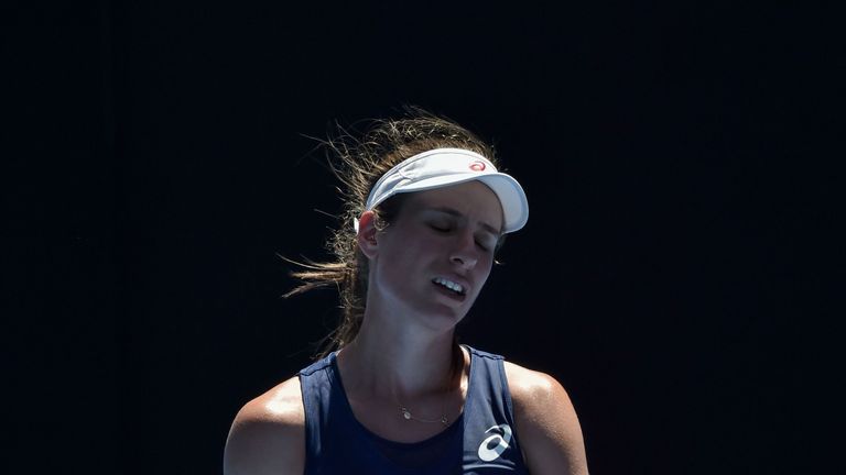 Britain's Johanna Konta reacts after a point against Serena Williams of the US during their women's singles quarter-final match on day ten of the Australia