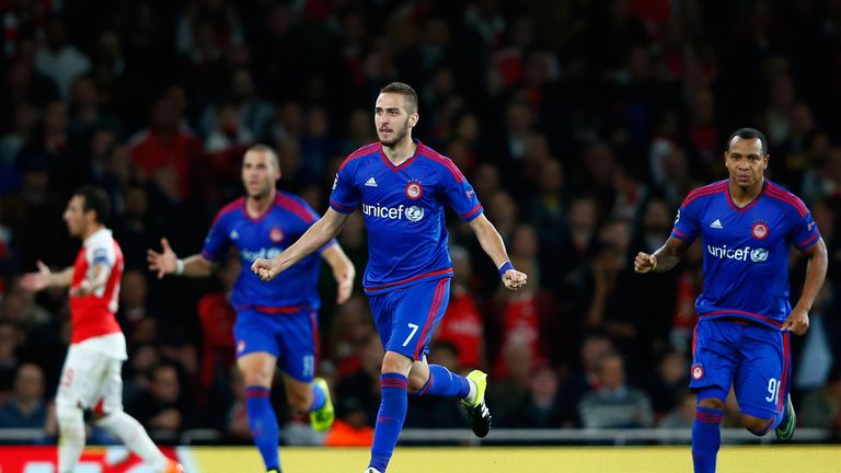 Kostas Fortounis of Olympiakos celebrates during the Greek side's Champions League win over Arsenal in September 2015 