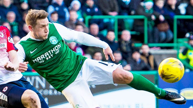 Kris Commons tries a volley in Hibernian's match with Raith Rovers