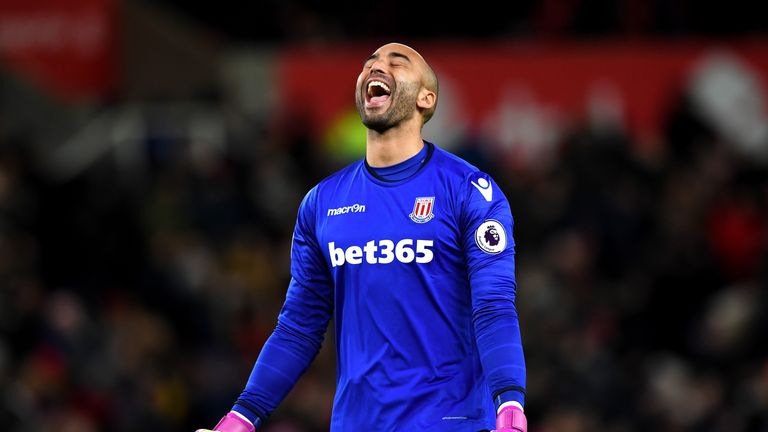 STOKE ON TRENT, ENGLAND - JANUARY 03:  Lee Grant of Stoke City celeberates his side's first goal during the Premier League match between Stoke City and Wat