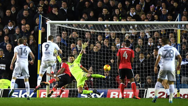 Chris Wood of Leeds United scores his side's first goal