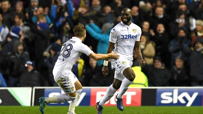 Souleymane Doukara of Leeds United (R) celebrates scoring his side's second goal 