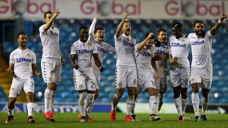 Leeds United players celebrate a penalty going in during the EFL Cup Fourth Round match v Norwich City in October 2015
