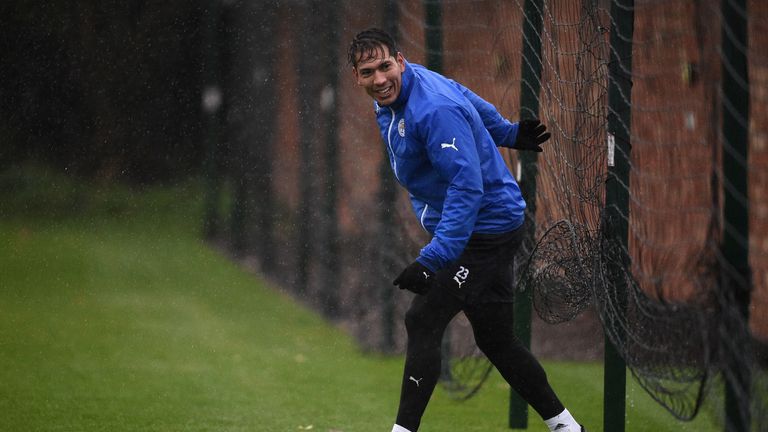 Leicester City's Argentinian striker Leonardo Ulloa attends a team training session at Leicester City's training ground in Leicester, central England, on N