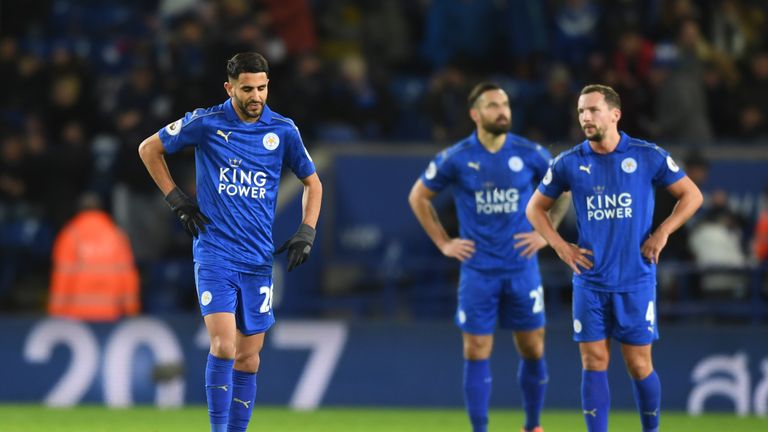 LEICESTER, ENGLAND - DECEMBER 26:  a dejected Riyad Mahrez (L) of Leicester City and teammates look on during the Premier League match between Leicester Ci